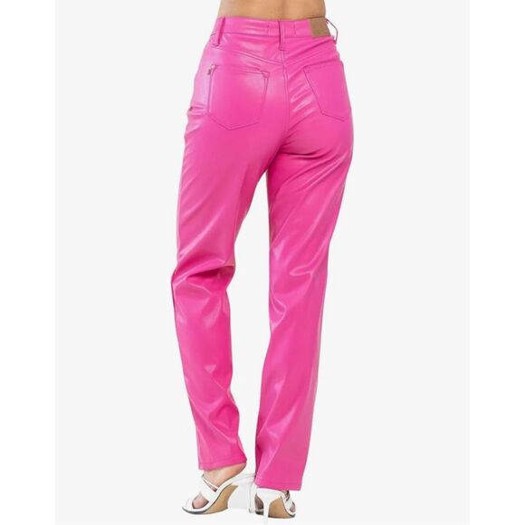 JUDY BLUE Tummy Control Faux Leather Pants Hot Pink Size 20W Straight NWT New - Picture 14 of 16